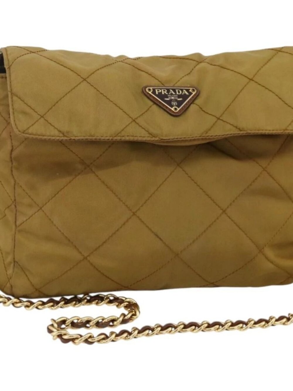 PRADA Chain Shoulder Bag Nylon Beige Gold Auth YKZ873